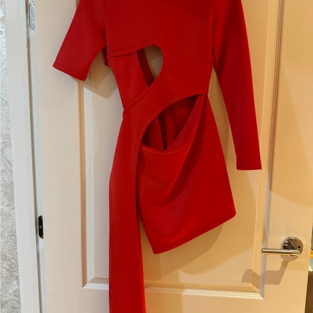 Red Asymmetrical Bodycon Dress with Long Sleeves